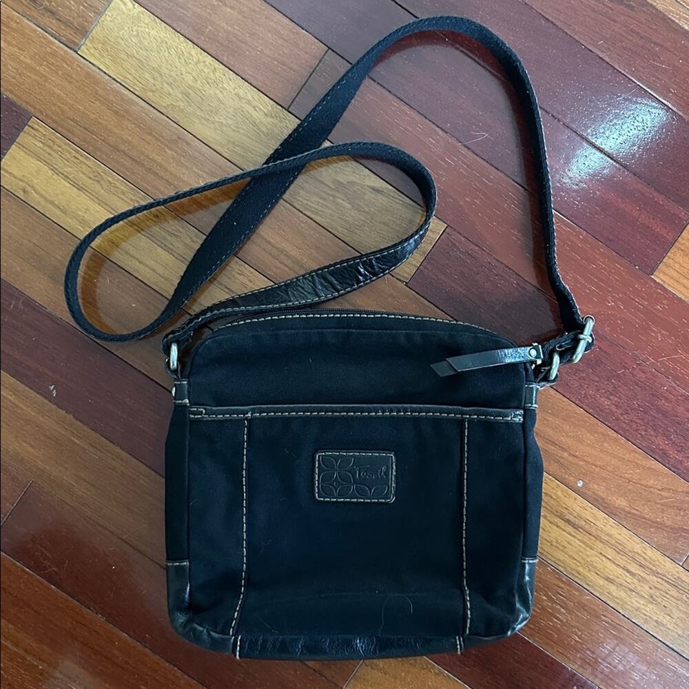 Fossil Black Canvas Leather Purse Bag Silver Hardware Key 10x11 Long Strap Y2K